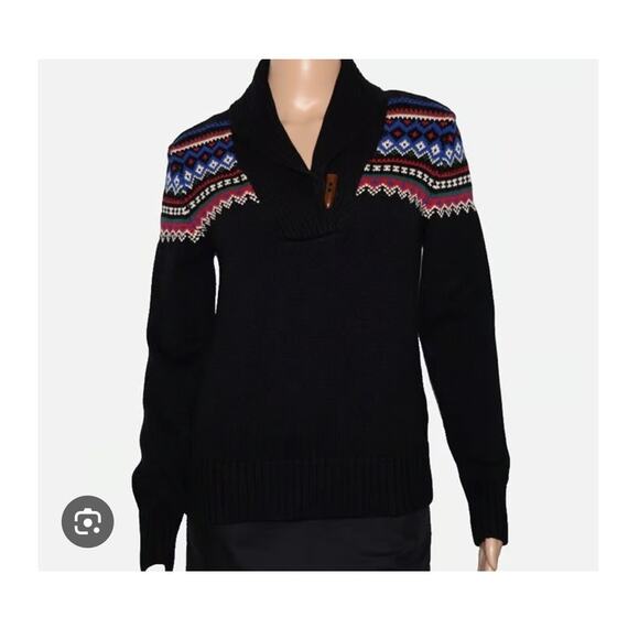 VTG Lauren Ralph Lauren Fair Isle Shawl Collar Sweater 1X Black White EUC - Picture 1 of 9